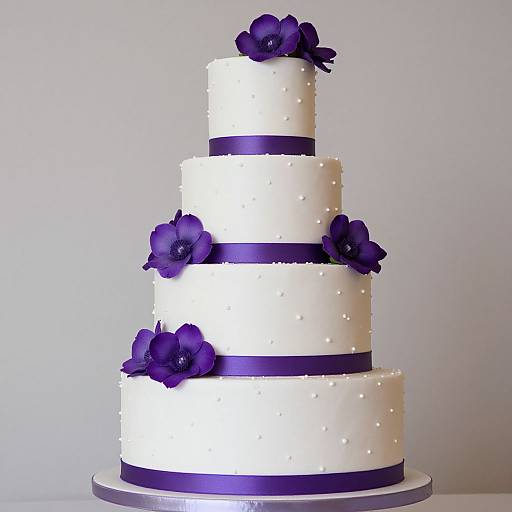 Photograph of a three-tiered white wedding cake adorned with purple flowers and ribbons, accented by small pearl-like dots.