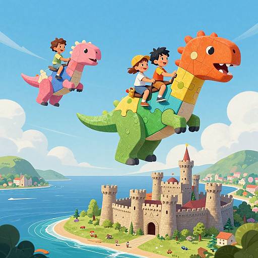 Digital illustration of three children riding colorful pixelated dinosaurs over a sunny coastal castle town with blue ocean, green hills, and white clouds.