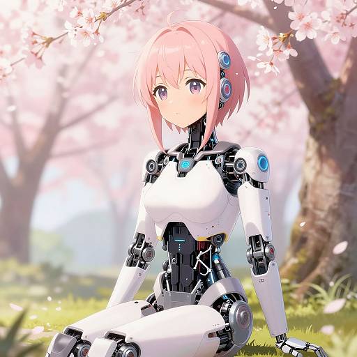 Anime Android Girl in Cherry Blossom Garden