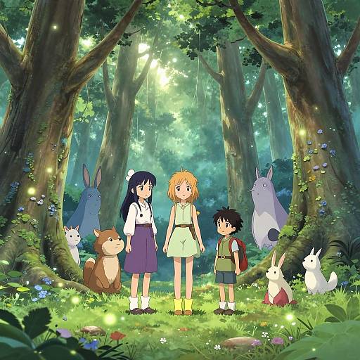 Anime Children and Mystical Creatures in Enchanted Forest