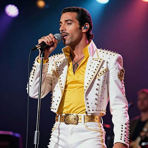 Photograph of a male singer with dark hair, wearing a white, studded jacket and yellow shirt, holding a microphone, performing on stage under colorful