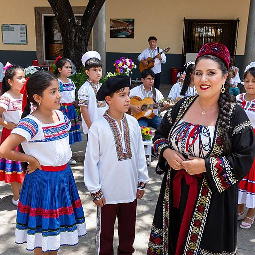 Photograph of Mexican children in traditional attire, with a smiling woman in a black embroidered dress in the foreground, standing outdoors.