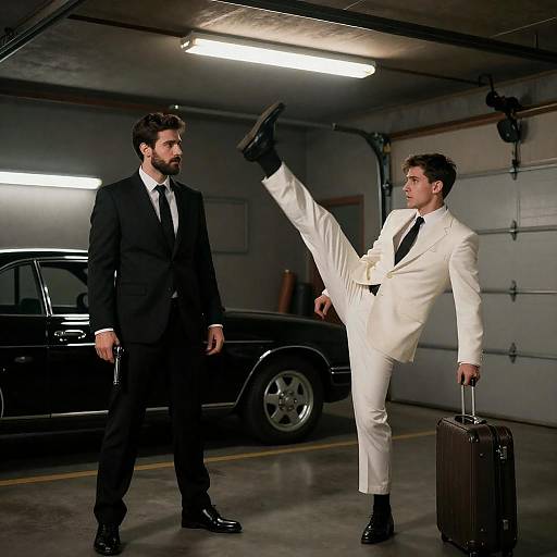 Dimly Lit Garage Suitcase Standoff