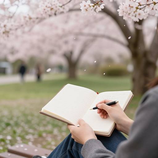 Photograph of hands writing in a brightly lit notebook under blooming cherry blossoms, with blurred park background and soft spring light.