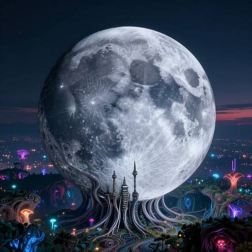 Digital artwork of a glowing full moon dominating a night sky, with surreal, neon-colored cityscape and winding paths beneath.