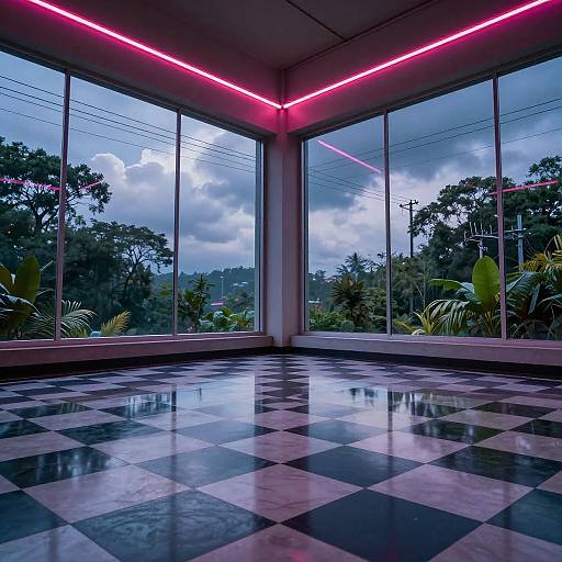 Photograph of a modern, empty room with black-and-white checkered floor, large glass windows, pink neon lights, and a cloudy sky outside.