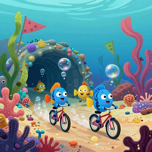 Colorful cartoon underwater scene with two blue fish on red bicycles riding towards a coral-encrusted cave, surrounded by bubbles, colorful corals,
