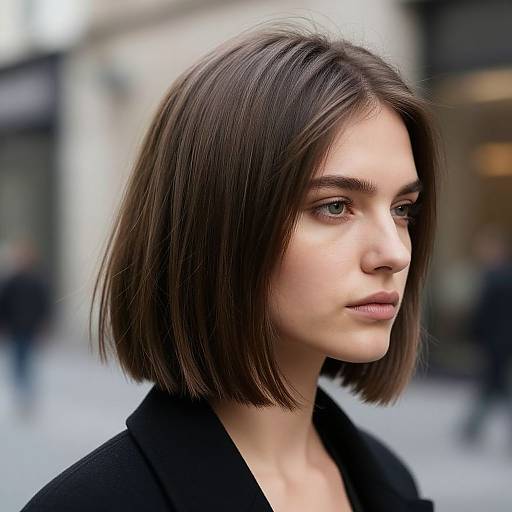 Photograph of a young Caucasian woman with fair skin, straight shoulder-length brown hair, wearing a black coat, looking to the side in an urban street