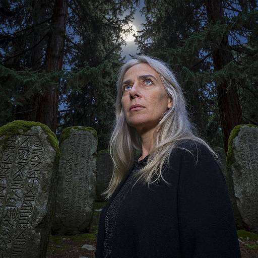 Photograph of a serious, silver-haired woman in a black top, standing among ancient, moss-covered stone runes under a moonlit forest.