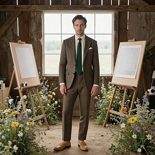 Photograph of a handsome man in a brown checkered suit, green tie, and brown shoes standing between two empty easels, surrounded by colorful wild