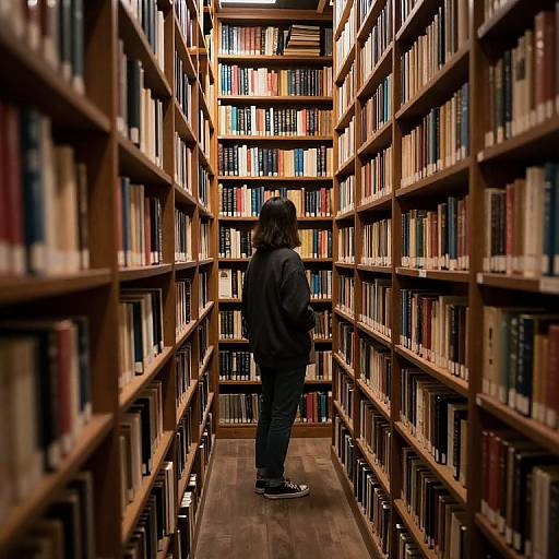 Photograph of a person with shoulder-length hair, wearing a black jacket and jeans, standing in a narrow, wooden-bookshelf-lined library aisle, surrounded