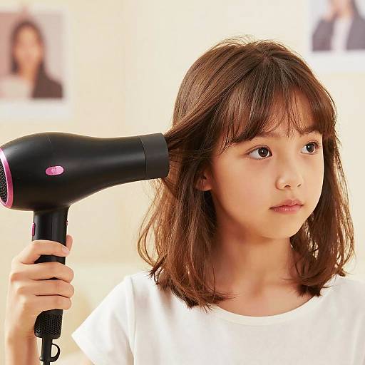 Young Girl Drying Hair with Hairdryer