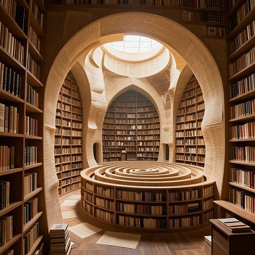 Photograph of an intricately designed library with arched brick walls, circular bookshelves, and a central, spiral bookshelf arrangement illuminated by a