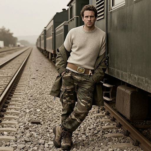 Photograph of a handsome man in a white sweater, green camouflage pants, and a long coat, leaning against a black train car on a gravel railway