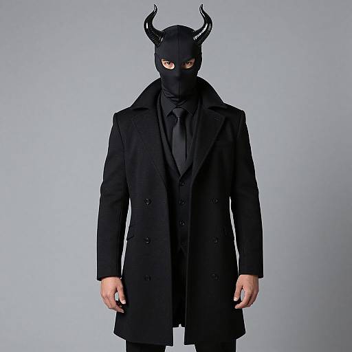 Photograph of a man in a black coat and mask with horned helmet, revealing only his eyes, against a light gray background.