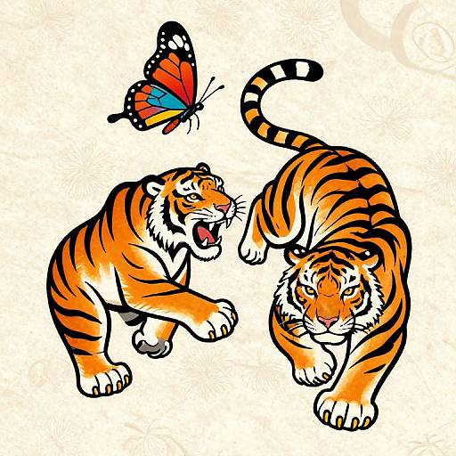 Vibrant digital illustration of two playful tigers with orange and black stripes, one mid-leap, one walking, with a colorful butterfly above.