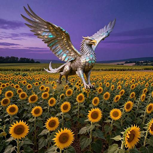 Digital artwork of a metallic, winged griffin soaring over a sunflower field at twilight, with a vibrant purple sky in the background.