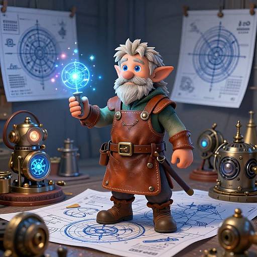 CGI fantasy figure: bearded, white-haired wizard in brown leather apron, casting blue magical spell, surrounded by glowing orbs and detailed maps in