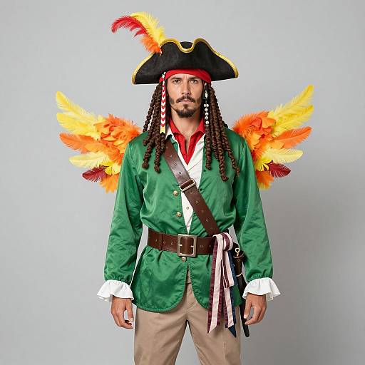 Man in Colorful Pirate Costume with Feathered Wings