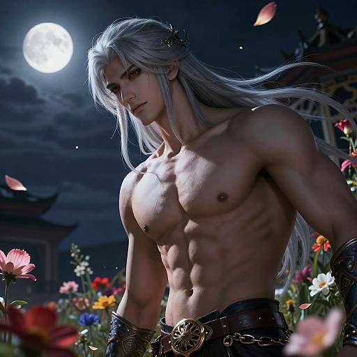 Moonlit Silver-Haired Hero in Meadow Portrait