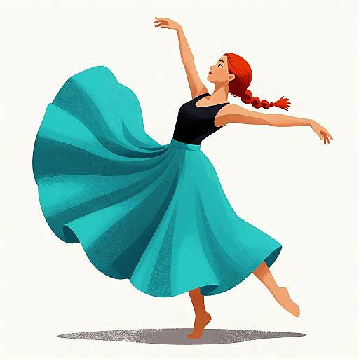 Digital illustration of a red-haired woman dancing, wearing a black sleeveless top and flowing turquoise skirt, arms gracefully raised against a white background.