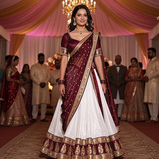 Indian woman in maroon and gold traditional saree with white pleated blouse, stands confidently on patterned carpet, under chandelier, in elegantly