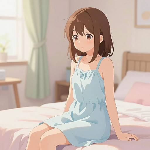 Anime-style digital drawing of a shy, brown-haired girl in a light blue sundress sitting on a bed in a sunlit bedroom.