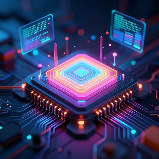 Neon-lit, futuristic digital circuit board with glowing hexagon in center, surrounded by blue and pink lights, and two holographic screens displaying code