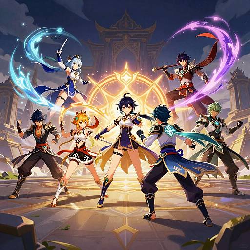 Digital anime-style illustration of seven magical warriors with colorful energy swirls, standing in a glowing, circular ritual circle, against a grand temple backdrop at night