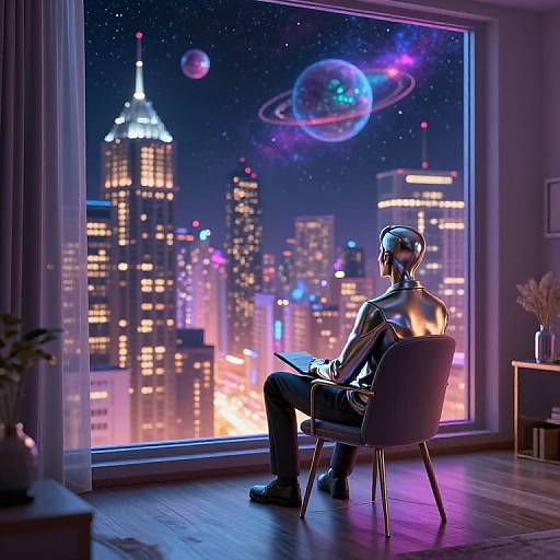 Photograph-like CGI of a silver robot with a humanoid form, sitting in a modern chair, gazing at a futuristic cityscape with glowing skyscrap