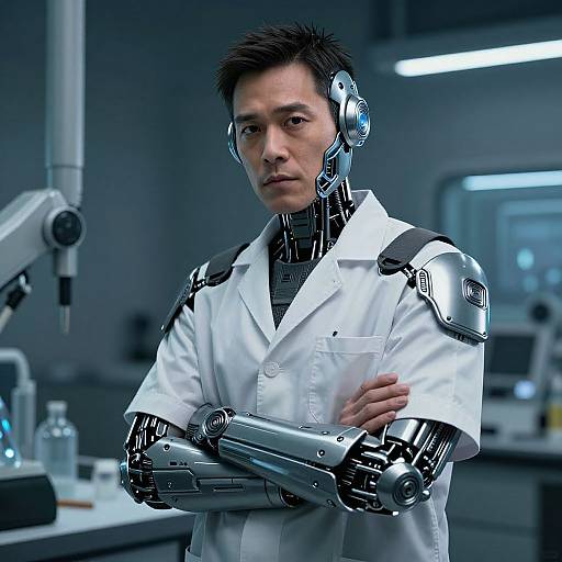 Cyborg scientist with robotic arms and headgear, wearing a white lab coat, standing in a futuristic lab with blue lighting.
