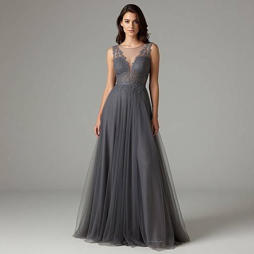 Elegant Woman in Gray Lace Prom Dress