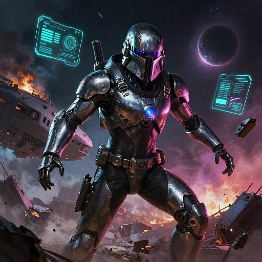Digital artwork of a glowing, futuristic, black armored warrior with blue and pink neon accents, standing amidst a burning, war-torn space battlefield with floating