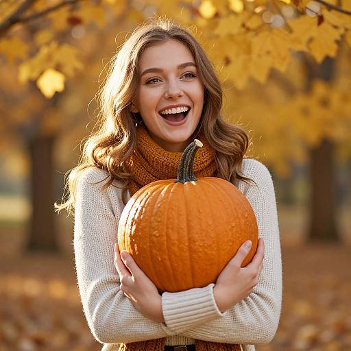 Photograph of a smiling young woman with long brown hair, wearing a white sweater and orange scarf, holding a large pumpkin in an autumn forest with golden