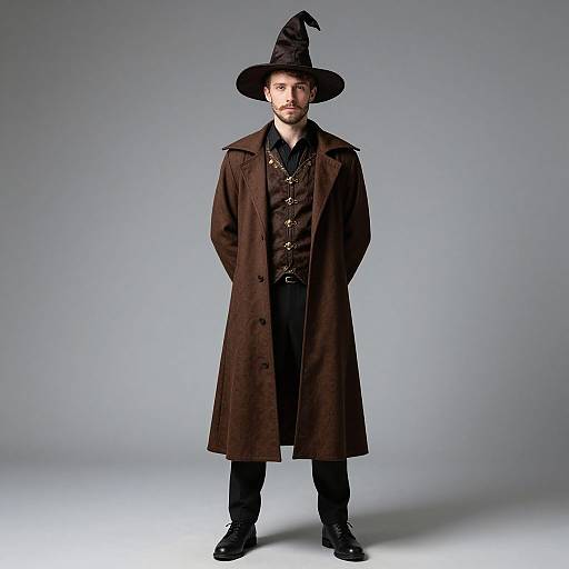 Photograph of a bearded man in a black witch hat, long brown coat, black vest, and pants, standing against a plain gray background.