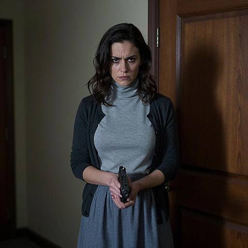 Intense Woman in Dim Hallway Portrait