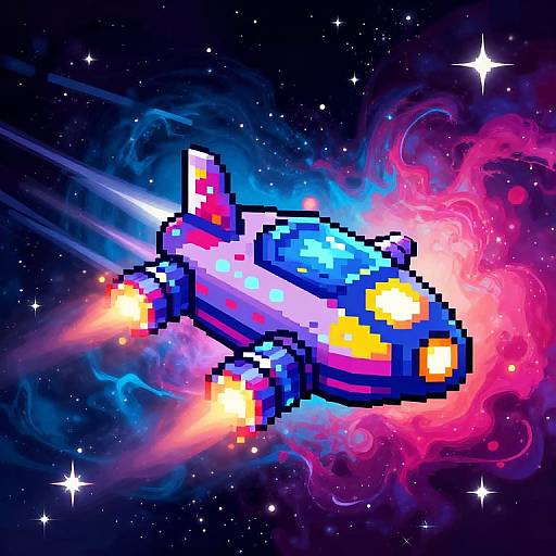 Pixel art of a colorful, brightly-lit spaceship with glowing engines, flying through a vibrant, star-filled cosmos with swirling pink and blue nebulae
