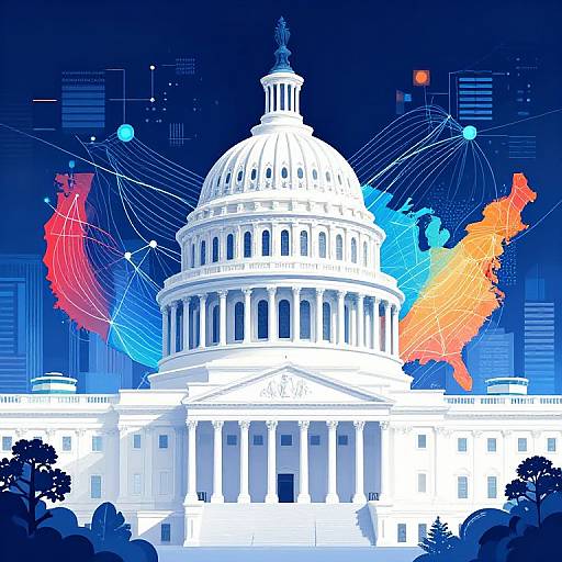 Digital illustration of the U.S. Capitol at night, featuring glowing, abstract maps of the United States in red, blue, and orange, with connected