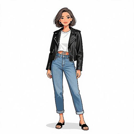 Digital illustration of a smiling Asian woman with short brown hair, wearing a black leather jacket, white top, blue high-waisted jeans, and black
