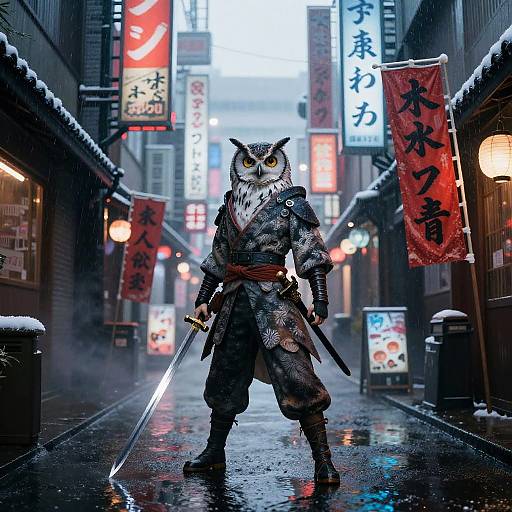 Cyberpunk Ukiyo-e Owl Swordswoman