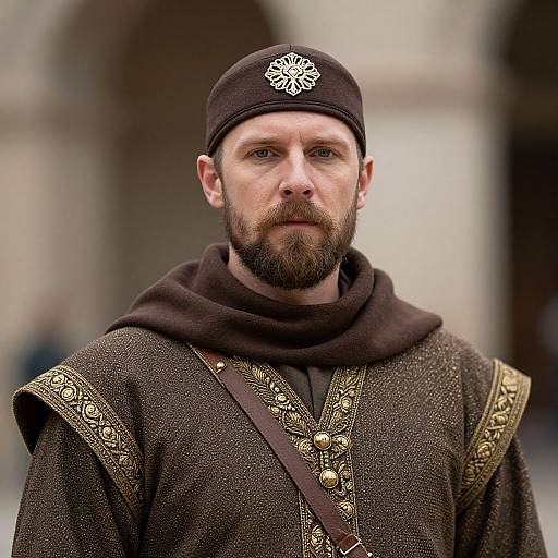 Photograph of a bearded, fair-skinned man with a black headband, wearing an ornate brown tunic with gold embroidery, and a