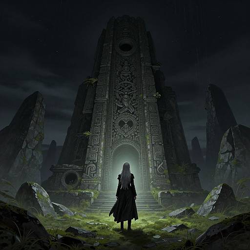 Digital artwork: Silhouetted figure stands before glowing ancient, intricately carved stone temple at night, surrounded by dark rocks and green grass.