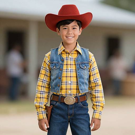 Photograph of a young boy with medium skin tone, black hair, wearing a red cowboy hat, yellow plaid shirt, denim vest, and blue