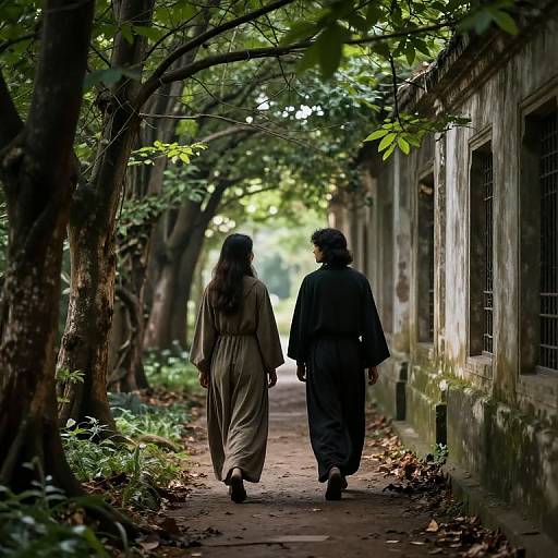 Photograph of two people, one in a beige dress, one in dark robes, walking down a shaded, leafy, tree-lined path beside an