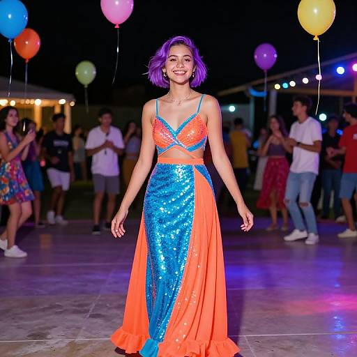 Photograph of a smiling woman with purple hair in a vibrant orange and blue sequined dress, standing on a dance floor with colorful balloons in the background