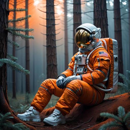Astronaut in Orange Suit Amidst Forest