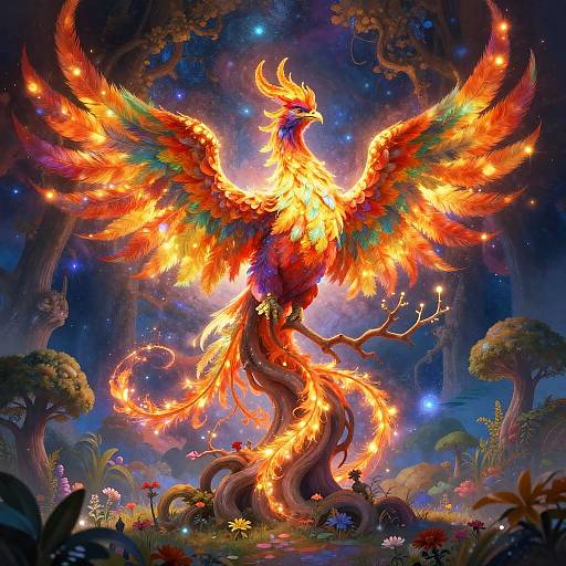 Vibrant digital artwork of a fiery phoenix with glowing orange, red, and yellow feathers, standing in a magical, colorful forest with twinkling stars