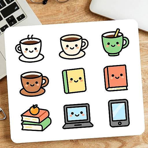 Cute digital illustration of nine smiling coffee cups and devices, including laptops and books, on a white background, atop a wooden desk with a laptop keyboard