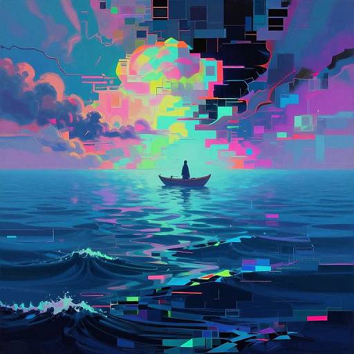Digital artwork of a lone silhouette in a boat on a vibrant, pixelated ocean at sunset, featuring colorful, glowing clouds and reflections.