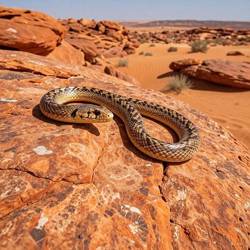Photograph of a patterned snake coiled on a sunlit, rugged red rock in a vast, arid desert landscape with clear blue sky.